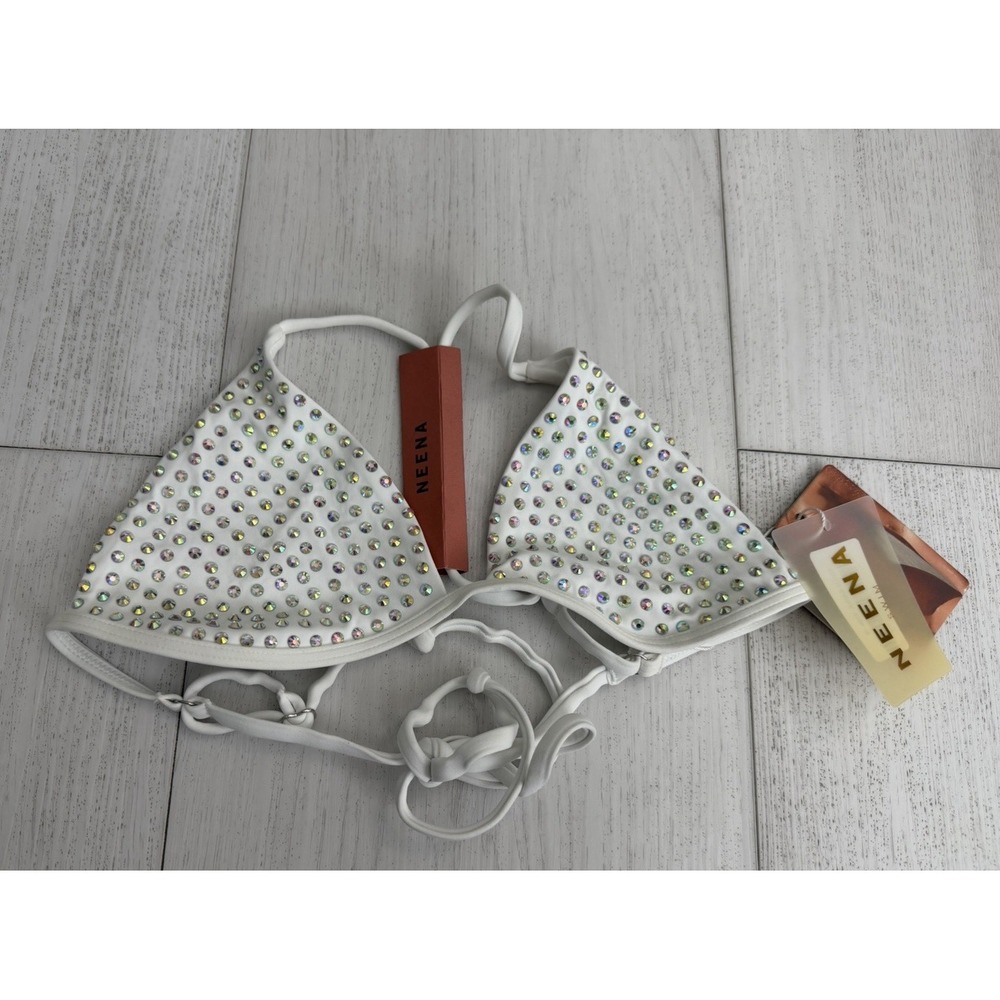 NWT Neena Triangle Bikini Top‎ Sz S White Rhinestones